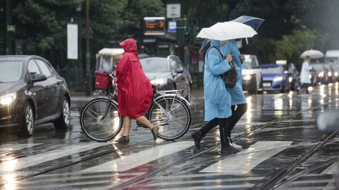 Piesi, auta i rowerzyści na ulicy Westerplatte w Krakowie