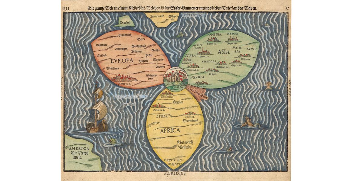 Kleberblat - mapa Europy, Azji i Afryki, Heinrich Bünting(1581)