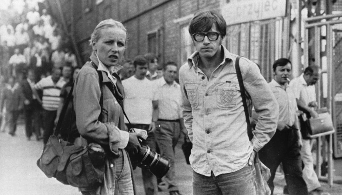 Krystyna Janda i Jerzy Radziwiłowicz na planie filmu Andrzeja Wajdy &quot;Człowiek z marmuru&quot;