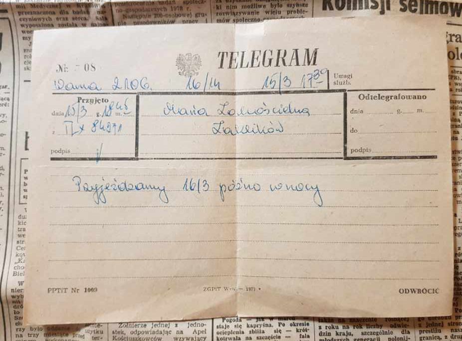 Telegram z informacją o planowanym przylocie Joanny Zakościelnej i Dominika Szkorupy do Polski