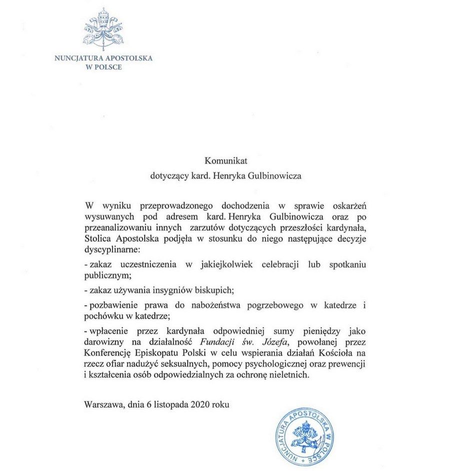 Oświadczenie Nuncjatury Apostolskiej w Polsce ws. kard. Gulbinowicza