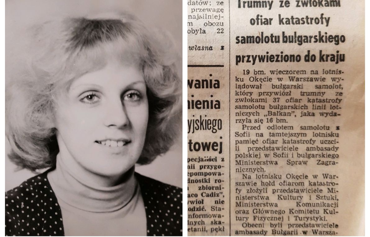 Po lewej: Joanna Zakościelna. Po prawej: i notatka prasowa o przywiezieniu trumien ze zwłokami ofiar katastrofy do Polski